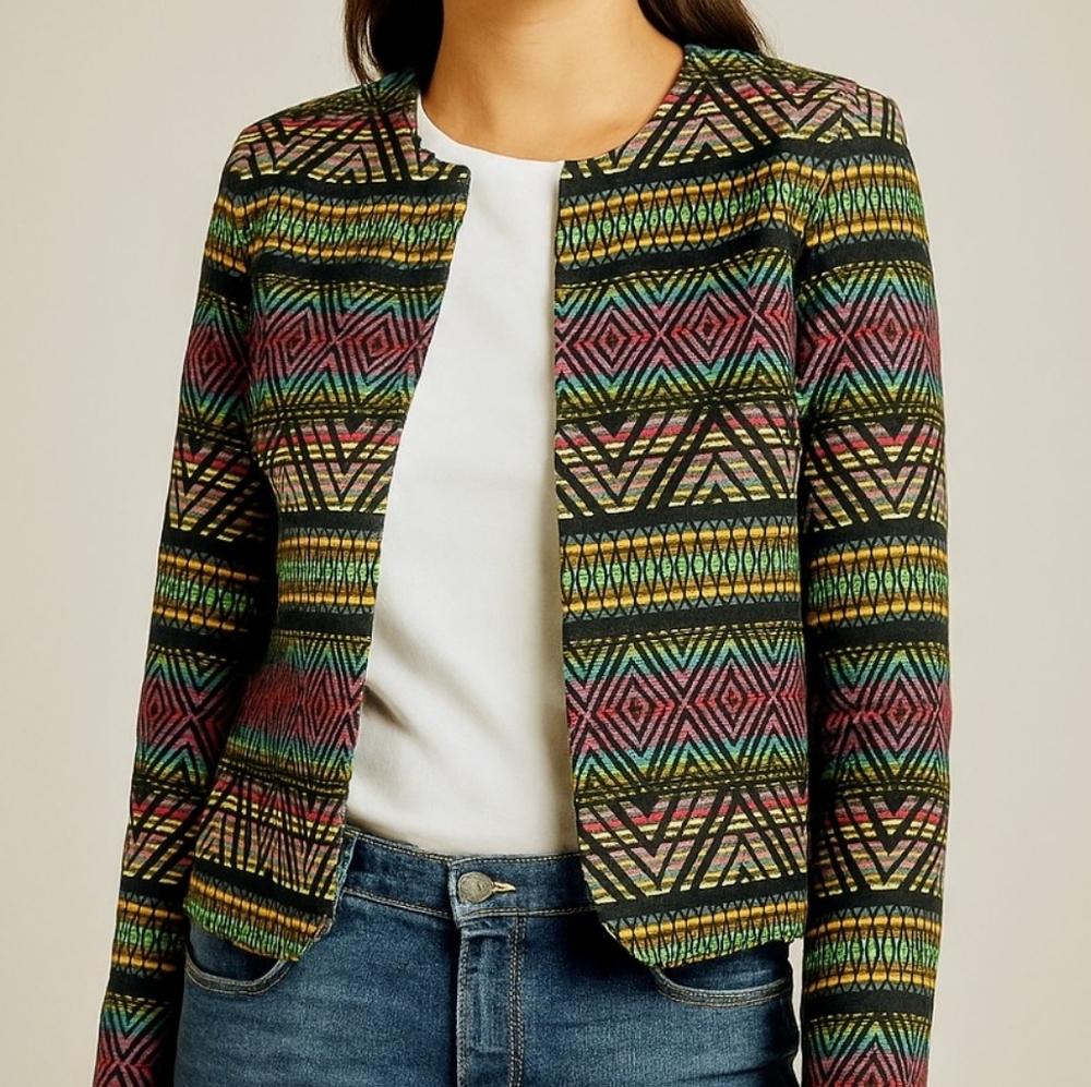 Tahari Tribal Western Aztec Print Canvas Open Front Jacket Colorful 12